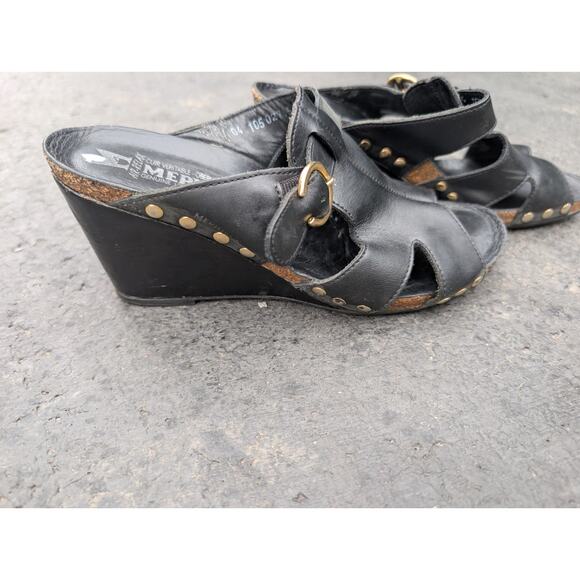 Mephisto Black Leather Wedge Sandals Womens Size 37 US 7 Studded Open Toe Buckle - Picture 3 of 8